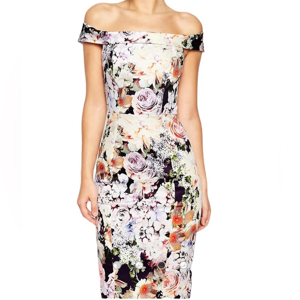 ASOS Wedding Bardot Navy Floral Off‑Shoulder Pencil Dress Size 0 GUC - Picture 3 of 8